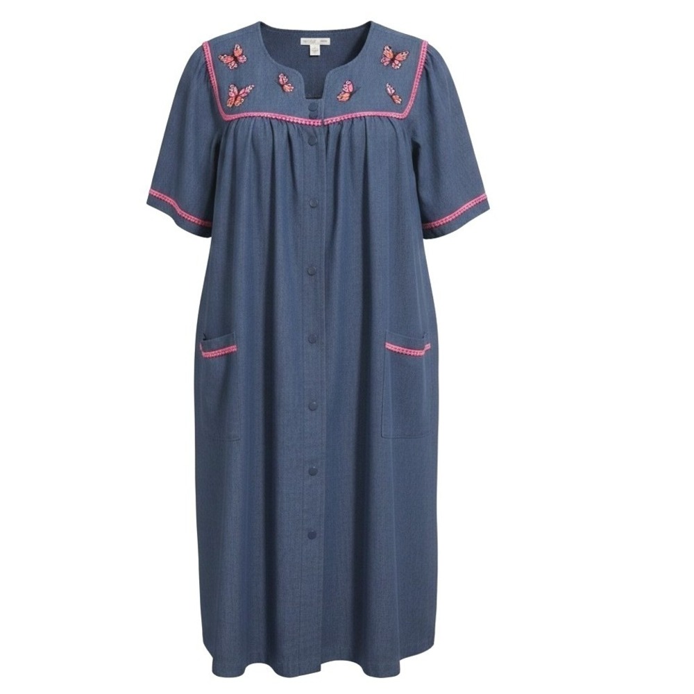 Go Softly Patio Denim Muu Muu Women's size 1X Embroidered Butterflies House Coat